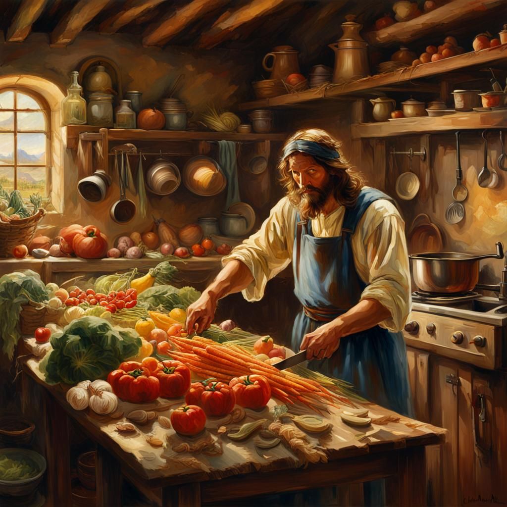 JESUS in an old-fashioned kitchen