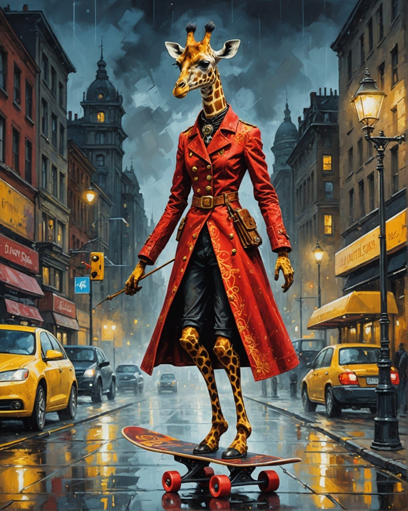 Steampunk Giraffe on Skateboard in Vivid Oil Painting