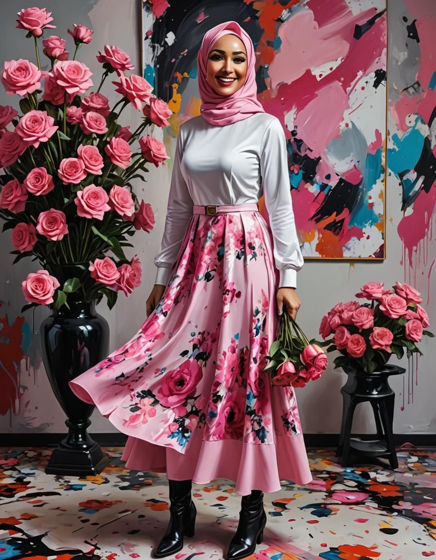 Psychedelic Oil Portrait of Woman with Rose Bouquet
