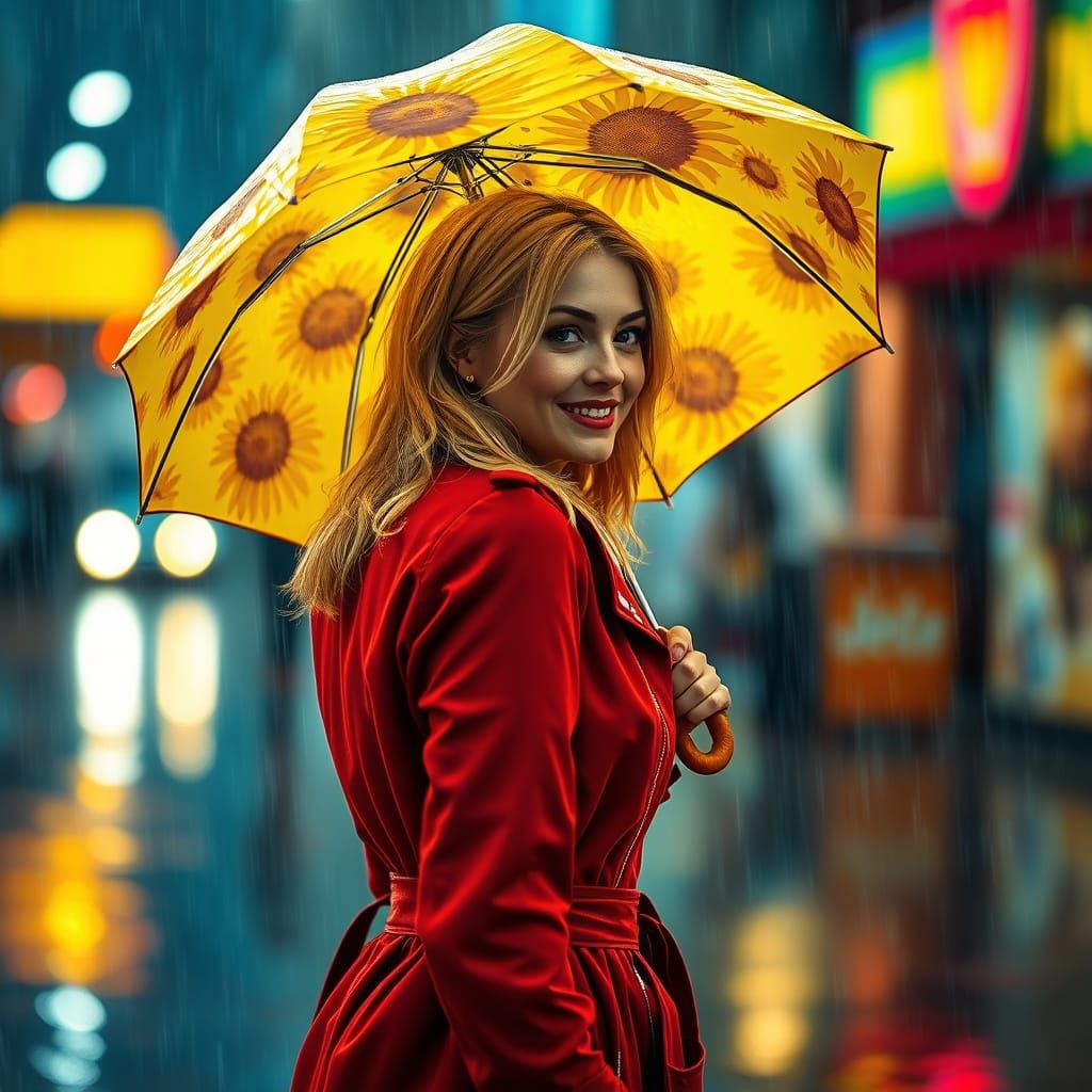 Woman in Crimson Trench Coat, Shielded by Vibrant Umbrella