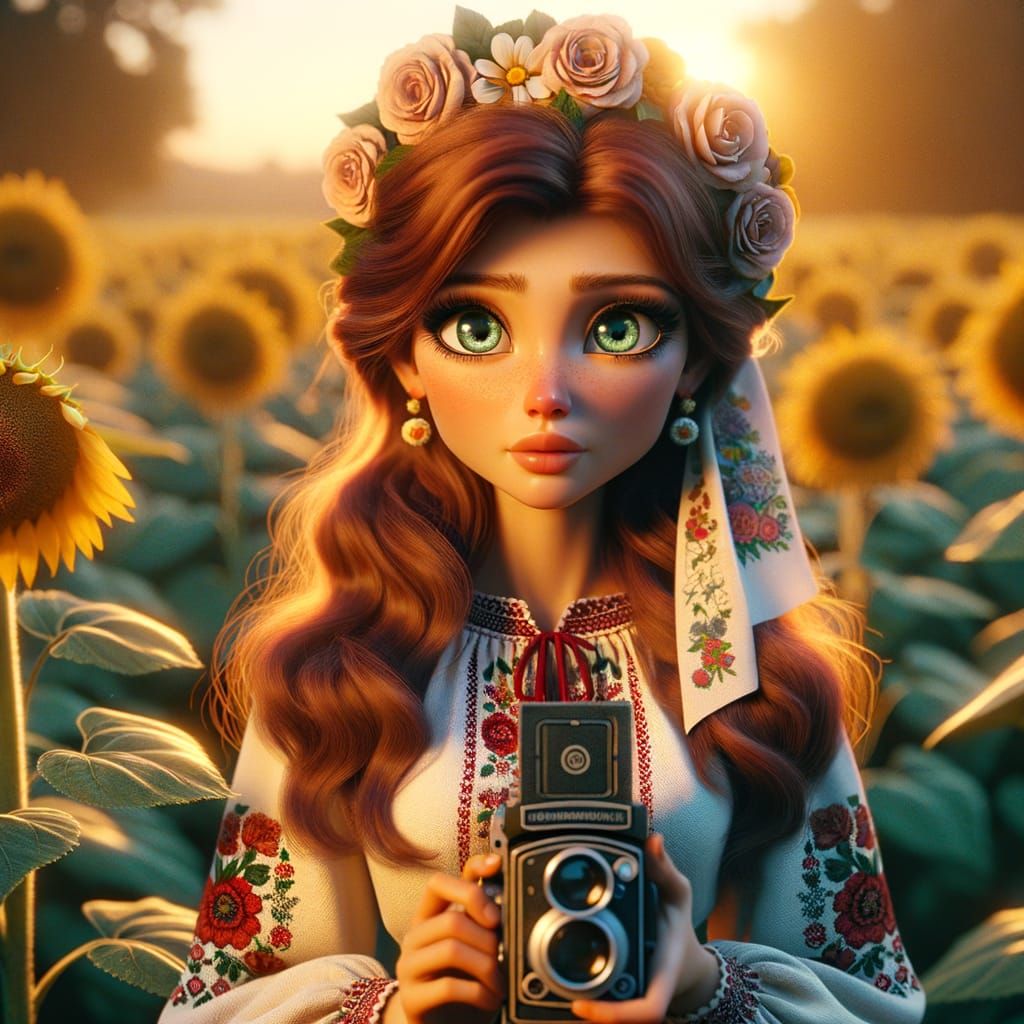 Ukrainian Woman in Sunflower Field: 2D Animation Style