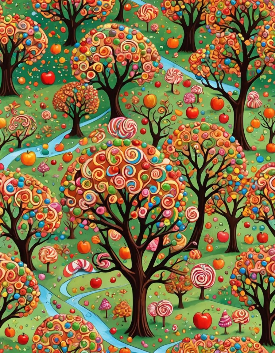 Candyland Autumn Scene with Caramel Apple Tree