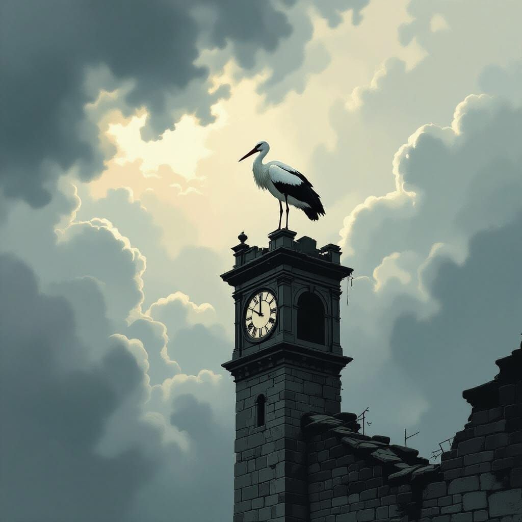 Melancholy Stork on Clock Tower Under Stormy Sky