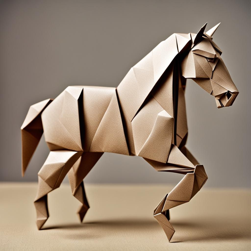 Create an intricate origami horse made from folded paper, sh...