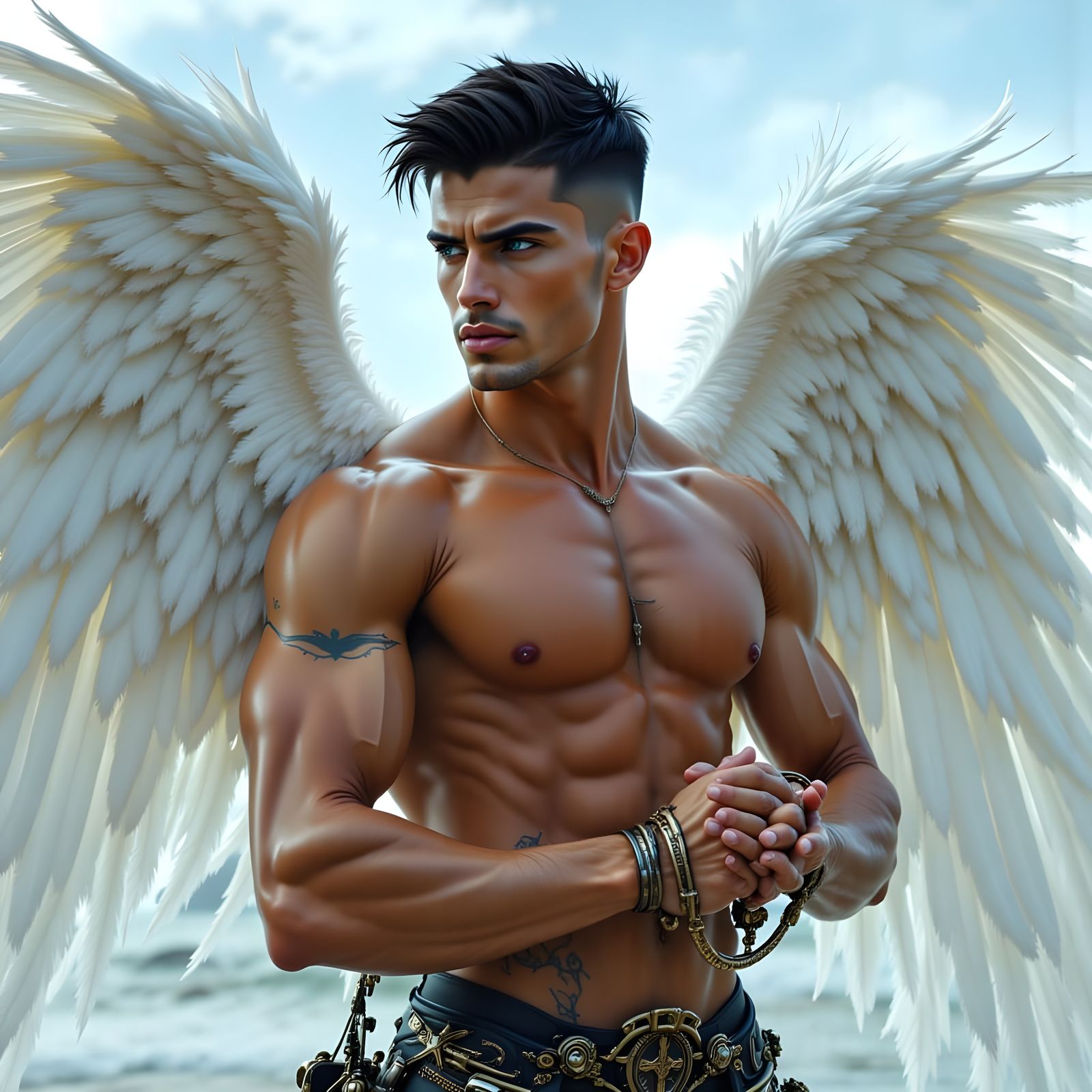 Winged Cyber-Angel with Piercing Blue Eyes