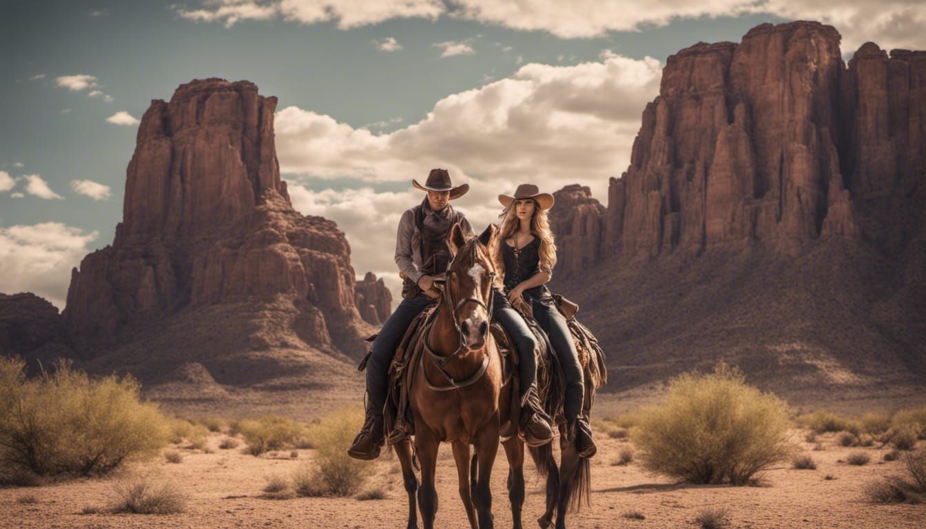 Hyperrealistic Cowboy and Cowgirl in Desert Scene