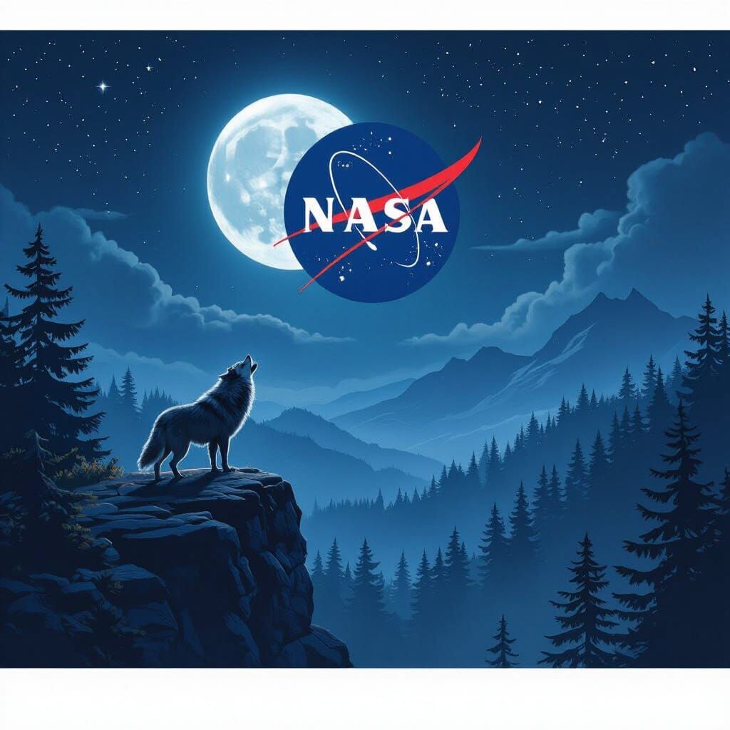 Lone Wolf Howling at NASA Logo in Starry Night Sky