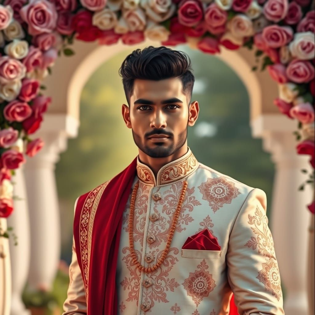 Indian Man in Sherwani Under Rose Archway