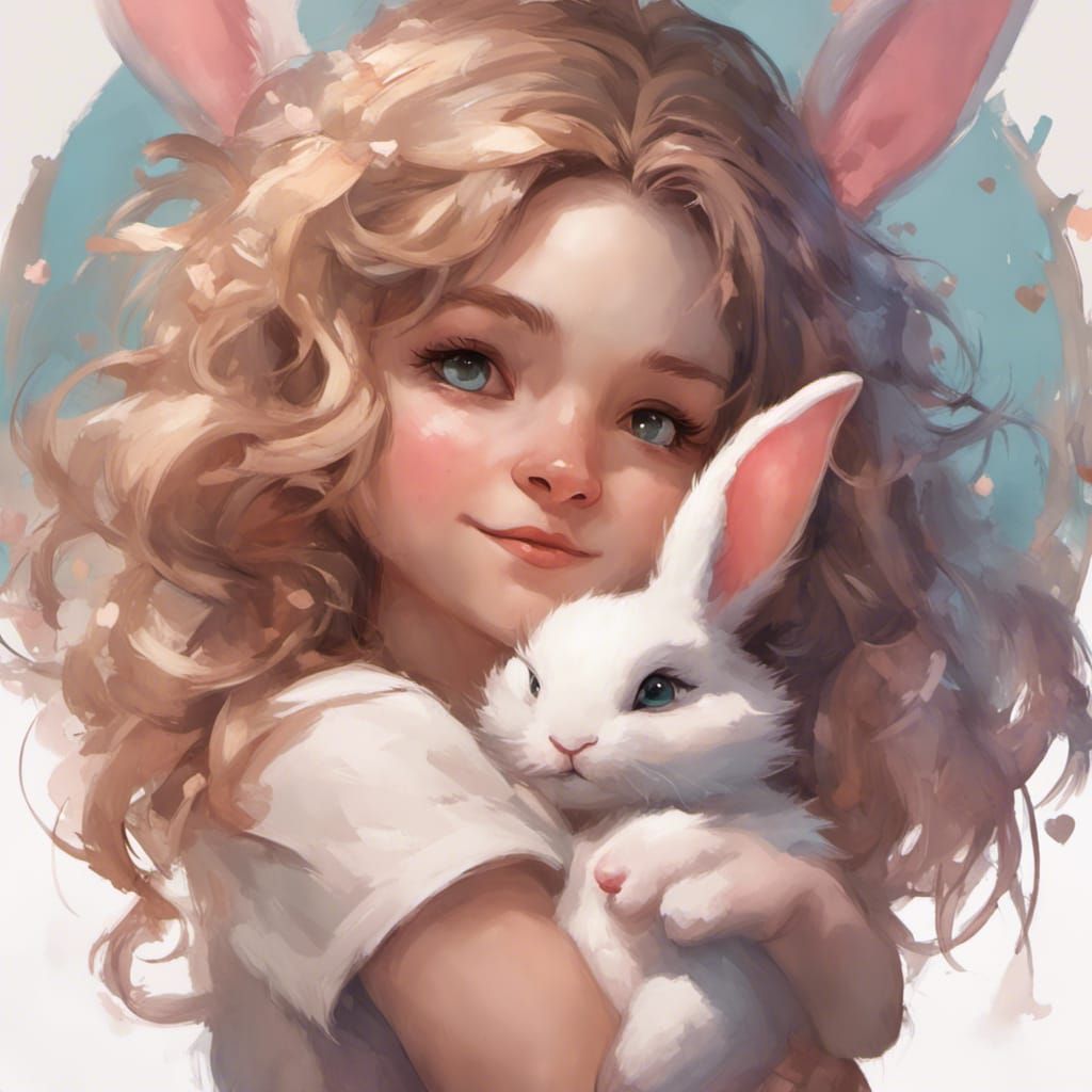 Romantic Portrait of Girl with Bunny, Art Nouveau Style
