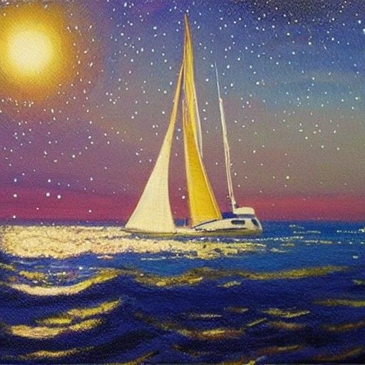 Yacht at Sea: Oil Painting Under Stars