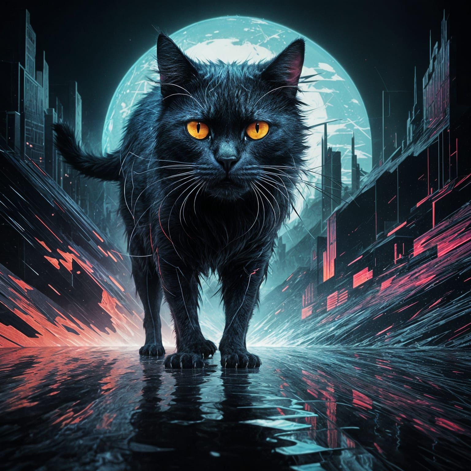 Surreal Black Cat Dissolving into Shadows