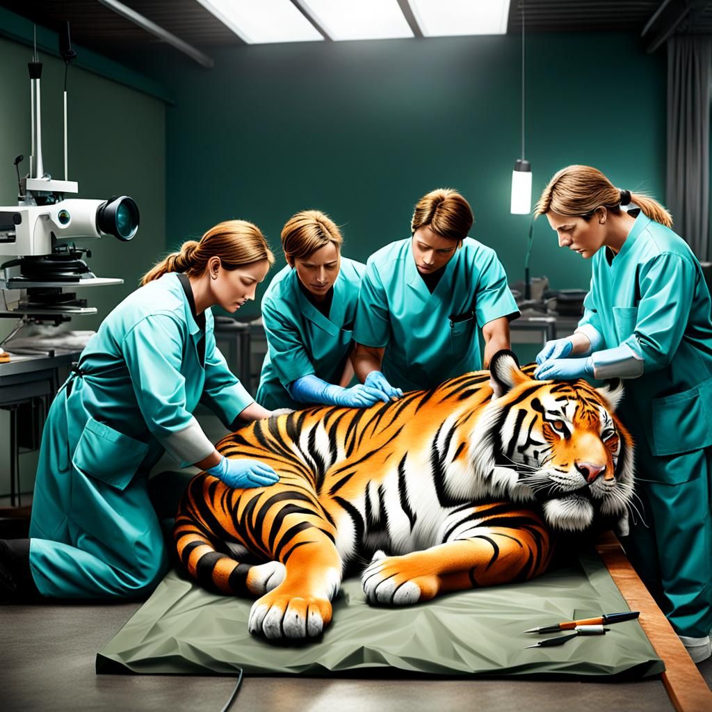 Veterinarians Care for Sleeping Tiger: Detailed Matte Painti...