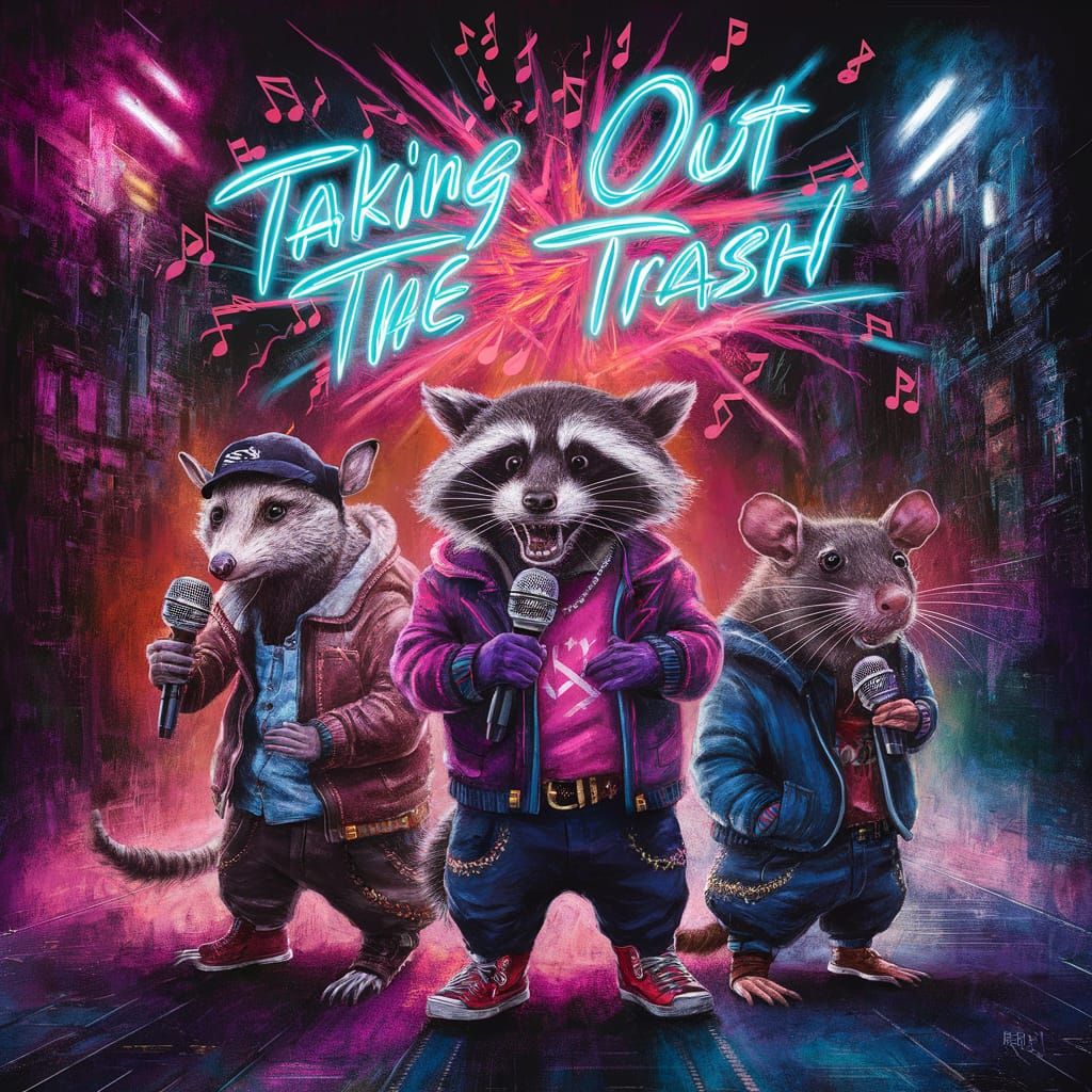 Possum, Raccoon, and Rat as 80s Rappers