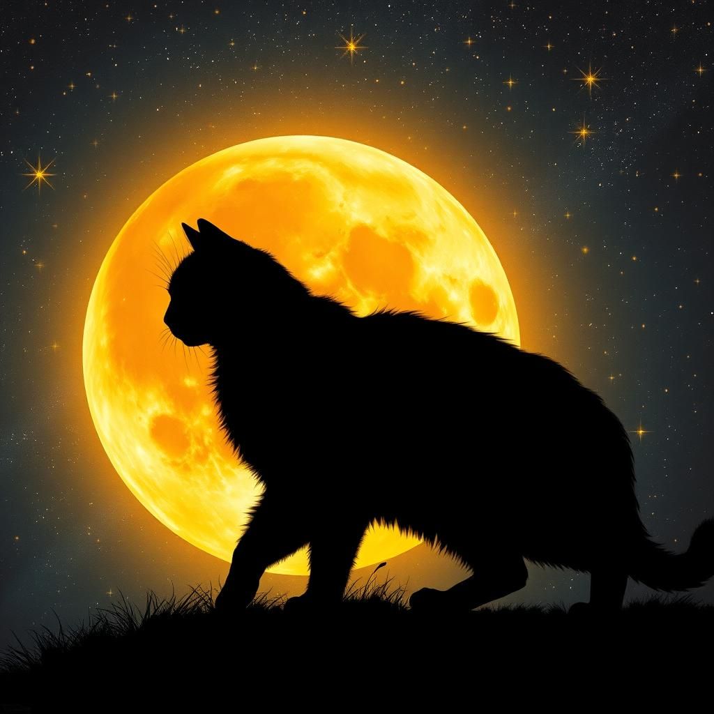 Black Cat Silhouette Crossing Harvest Moon in Impressionist ...