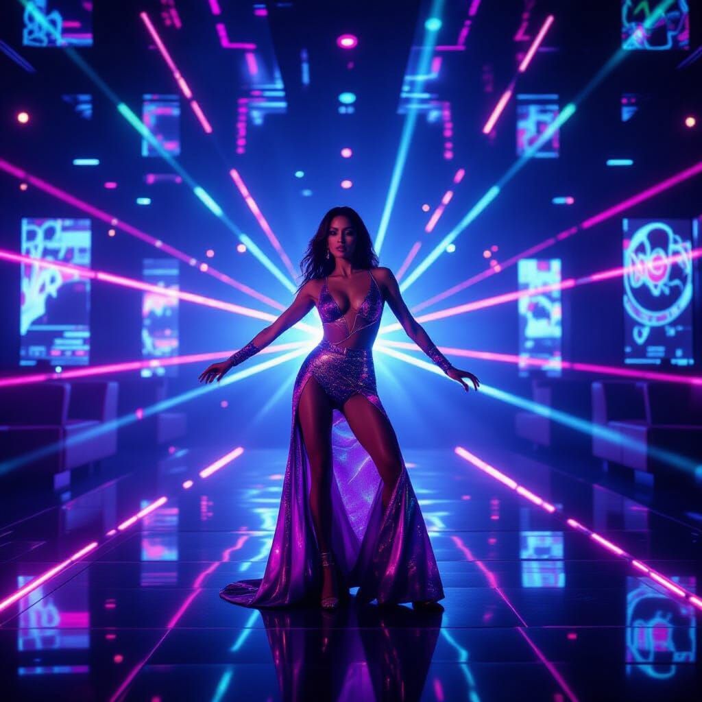Woman Dancing in Futuristic Nightclub with Lasers
