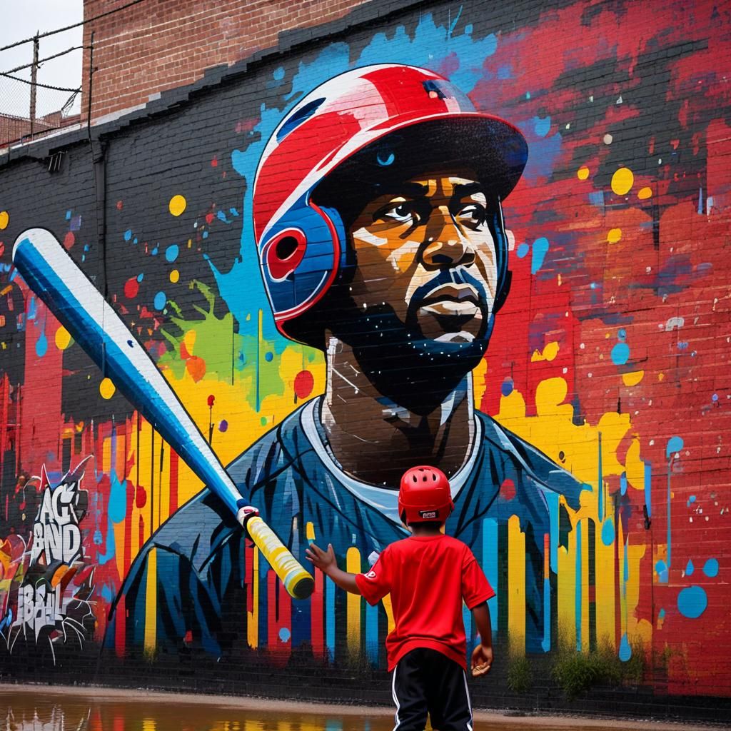 A kid watching a baseball street art