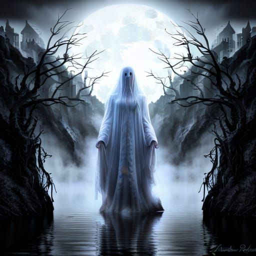 Ethereal Mist Goddess Rising from Dark Lake