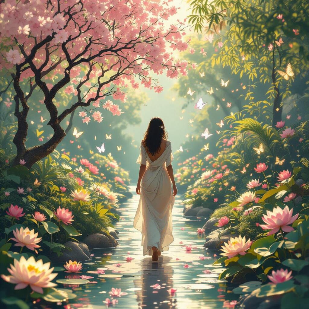 Celestial Garden with Golden Lotuses and Blossoms