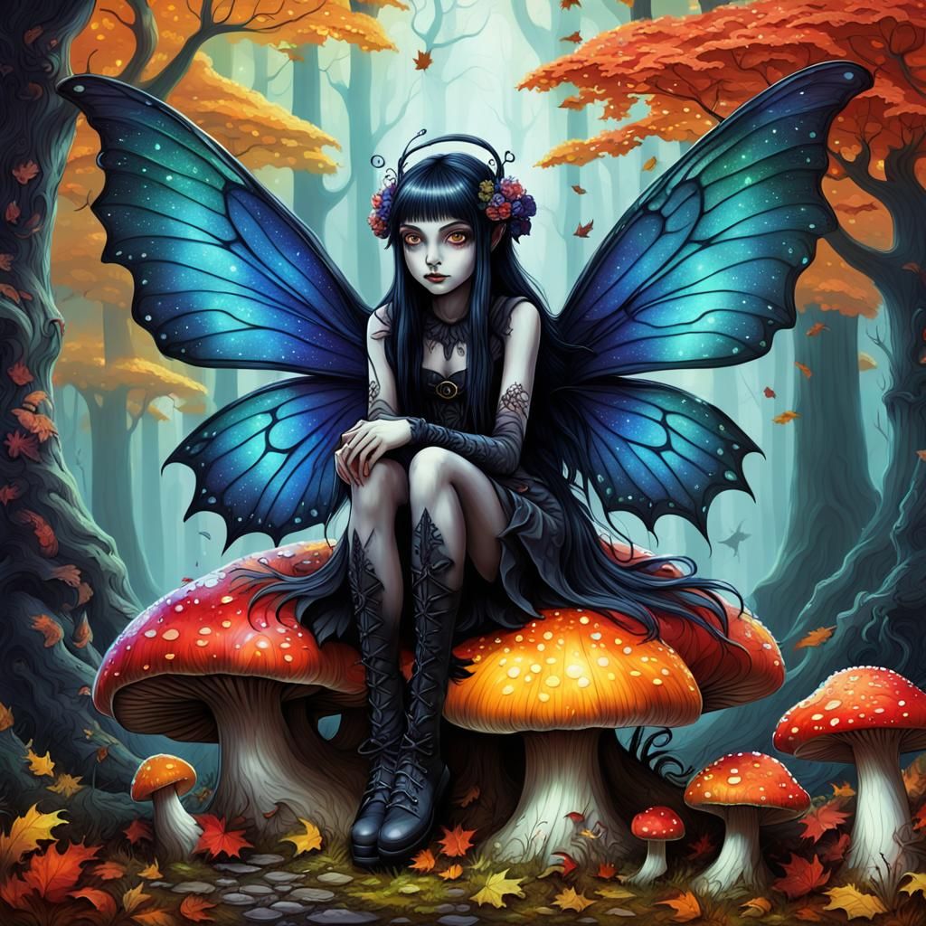 Ethereal Goth Fairy in Autumn Forest, Alcohol Ink Art