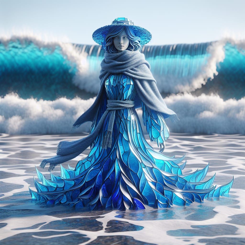 Girl Made of Blue Glass Emerges from Ocean Waves in Unreal E...