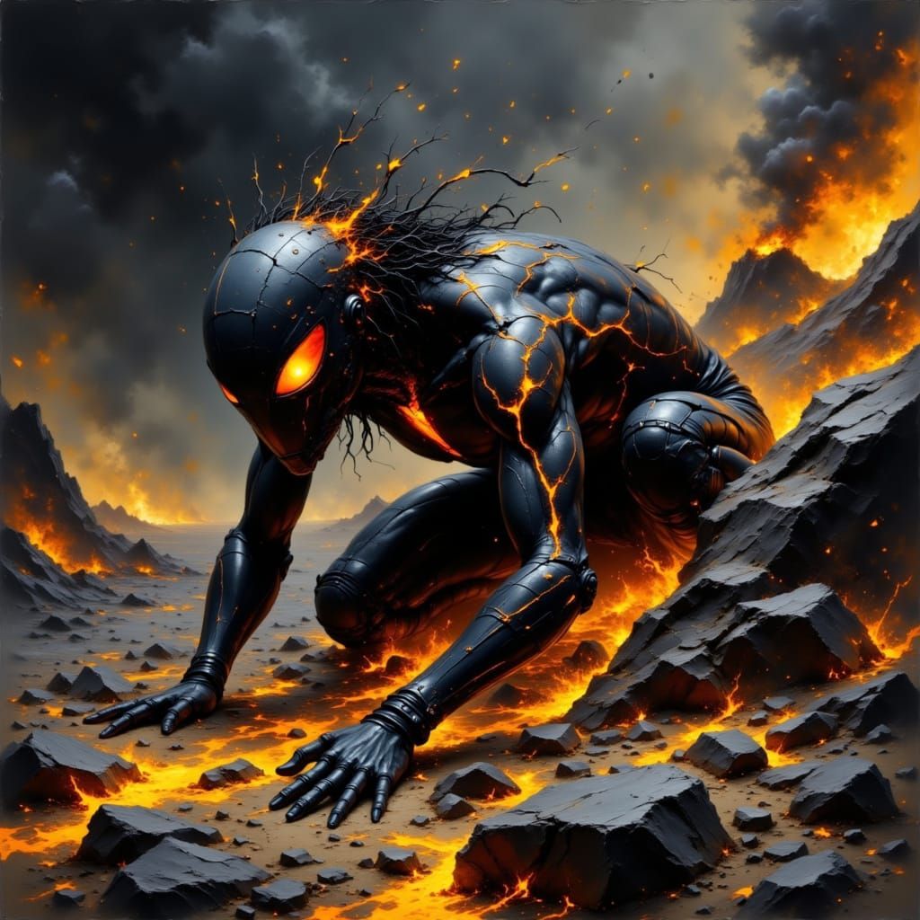 Molten Lava Figure Crawling on Volcanic Rock