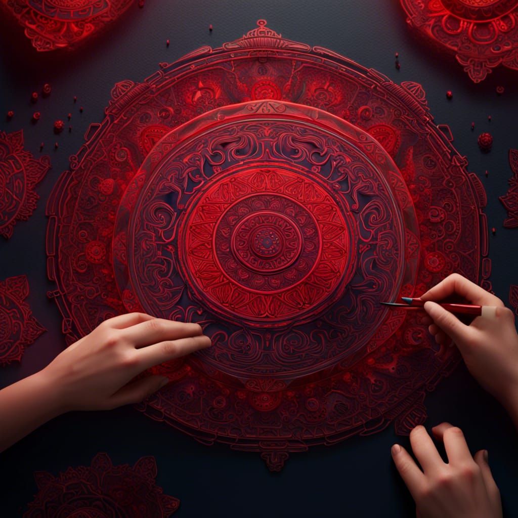 Hands Crafting a Chinese Red Mandala in 3D