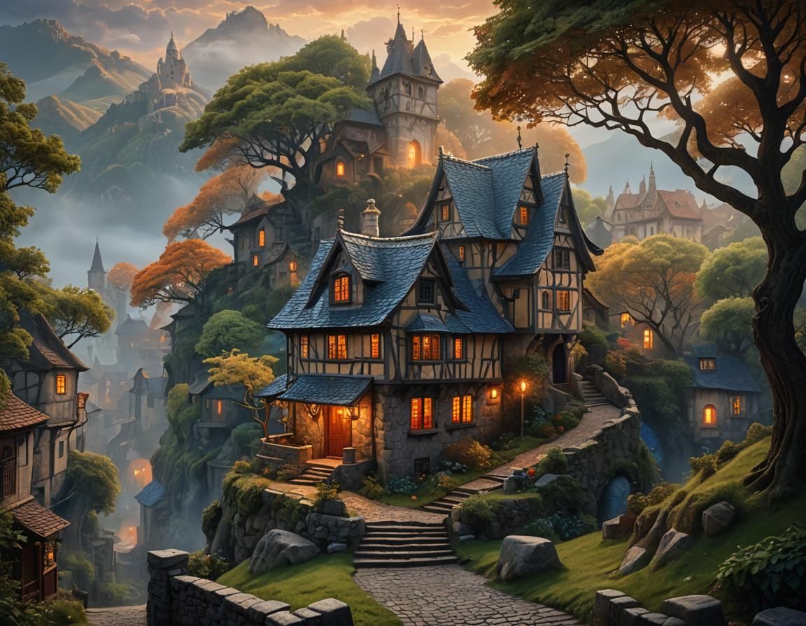 Medieval Village House on Hill in Golden Hour Light