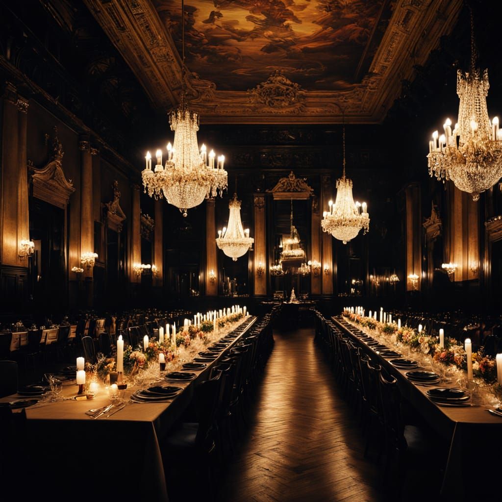 Cinematic Dining Hall Scene with Film Grain and Vignette