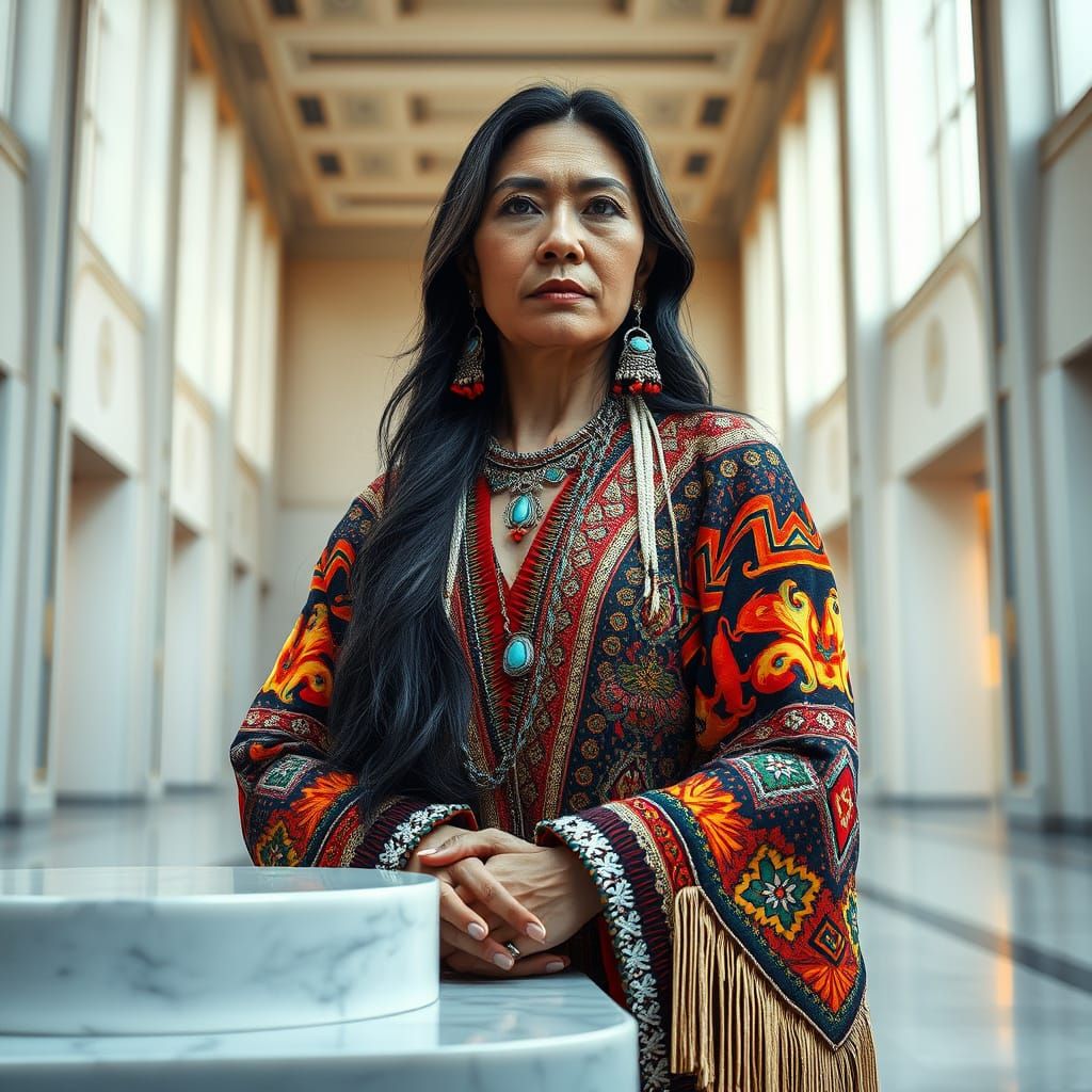 Elegant Native American Woman in Traditional Deerskin Regali...