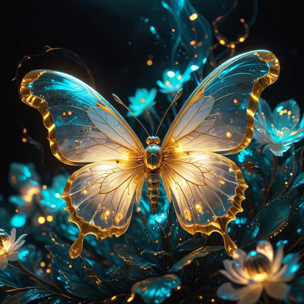 Glowing Golden Peony Vortex with Butterfly Moth