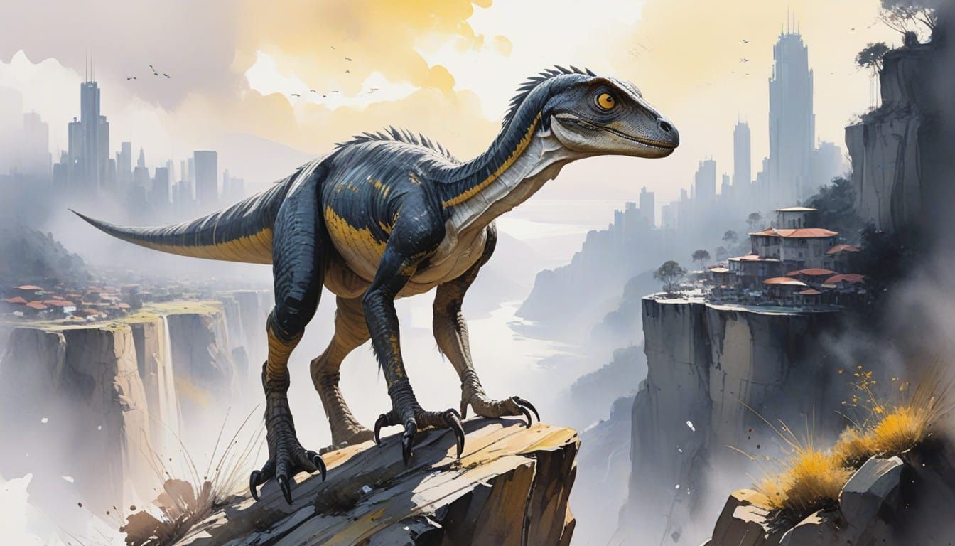 Velociraptor Overlooks Futuristic Cityscape in Watercolor St...