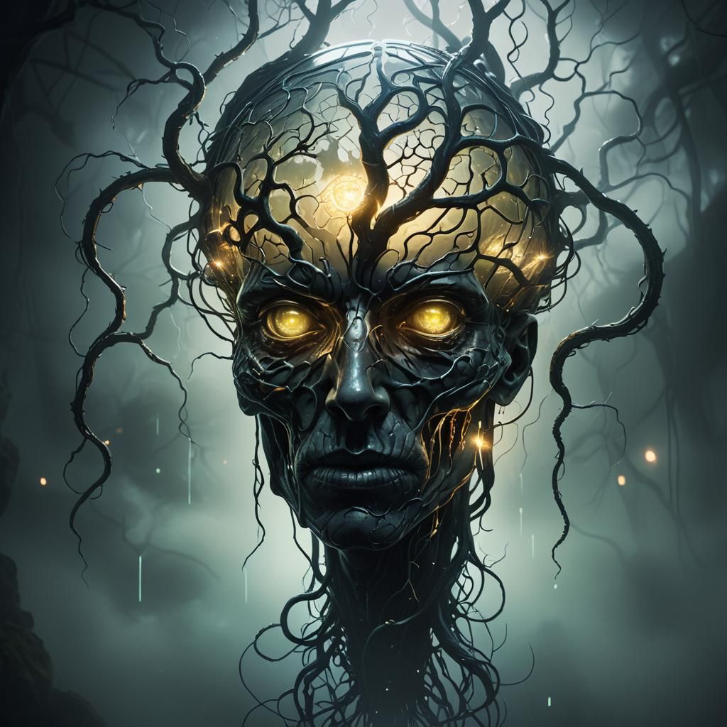 Futuristic Dark Fantasy Glass 'A' with Glowing Brain