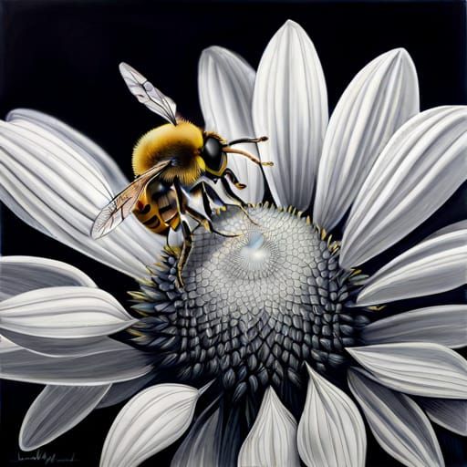 Hyperdetailed Bee on Flower in Gouache and Charcoal