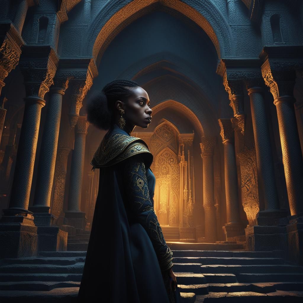 Black Female Vampire in Ancient Castle: Digital Matte Painti...