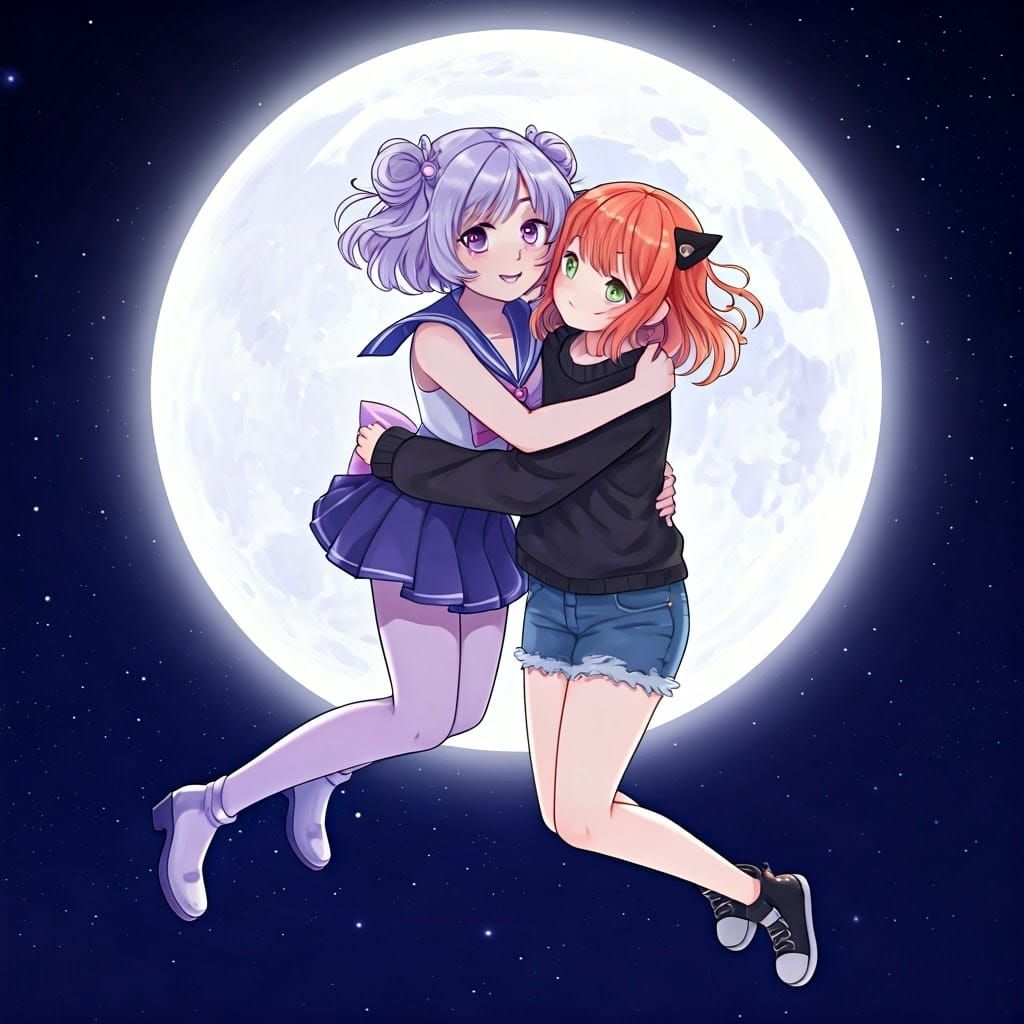 Anime Girls Hugging in Space Wallpaper