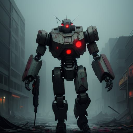 Eerie Robot of Candy and Brain Rot in Decaying Cityscape