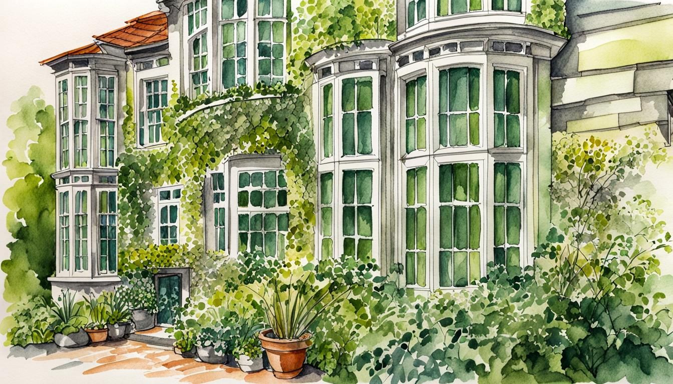 British Landhouse Architectural Sketch in Pen and Watercolor