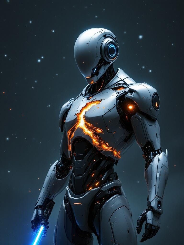 Battle-Damaged Robot Mint in Starry Space with Energy Saber