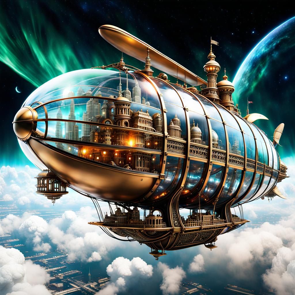 Steampunk City in Glass Airship Amidst Aurora