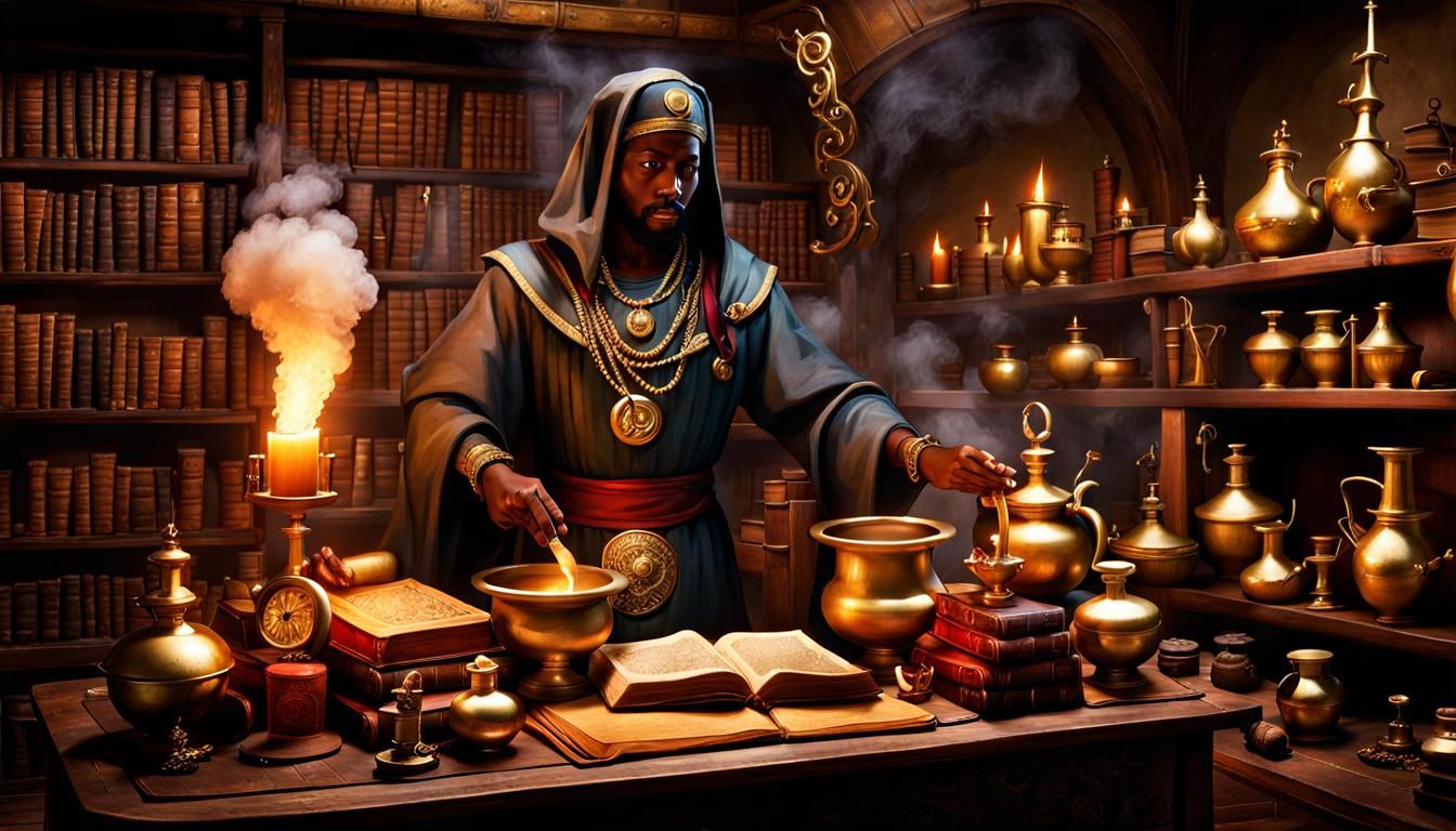 Nubian Alchemist in Medieval Laboratory