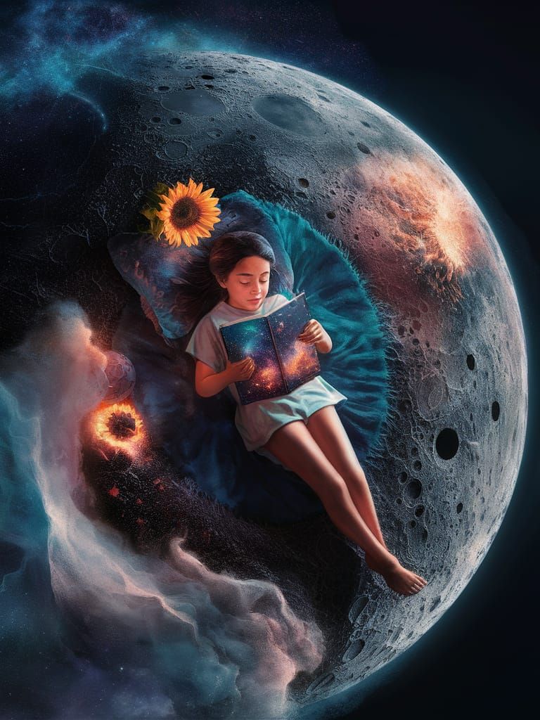 Girl Reads on the Moon in Holographic Style