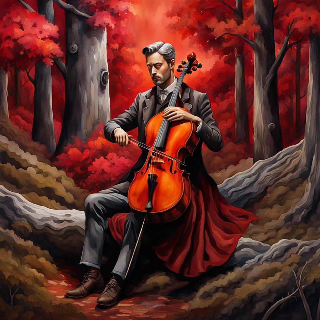 Wilderness Cello Player in Watercolour Style