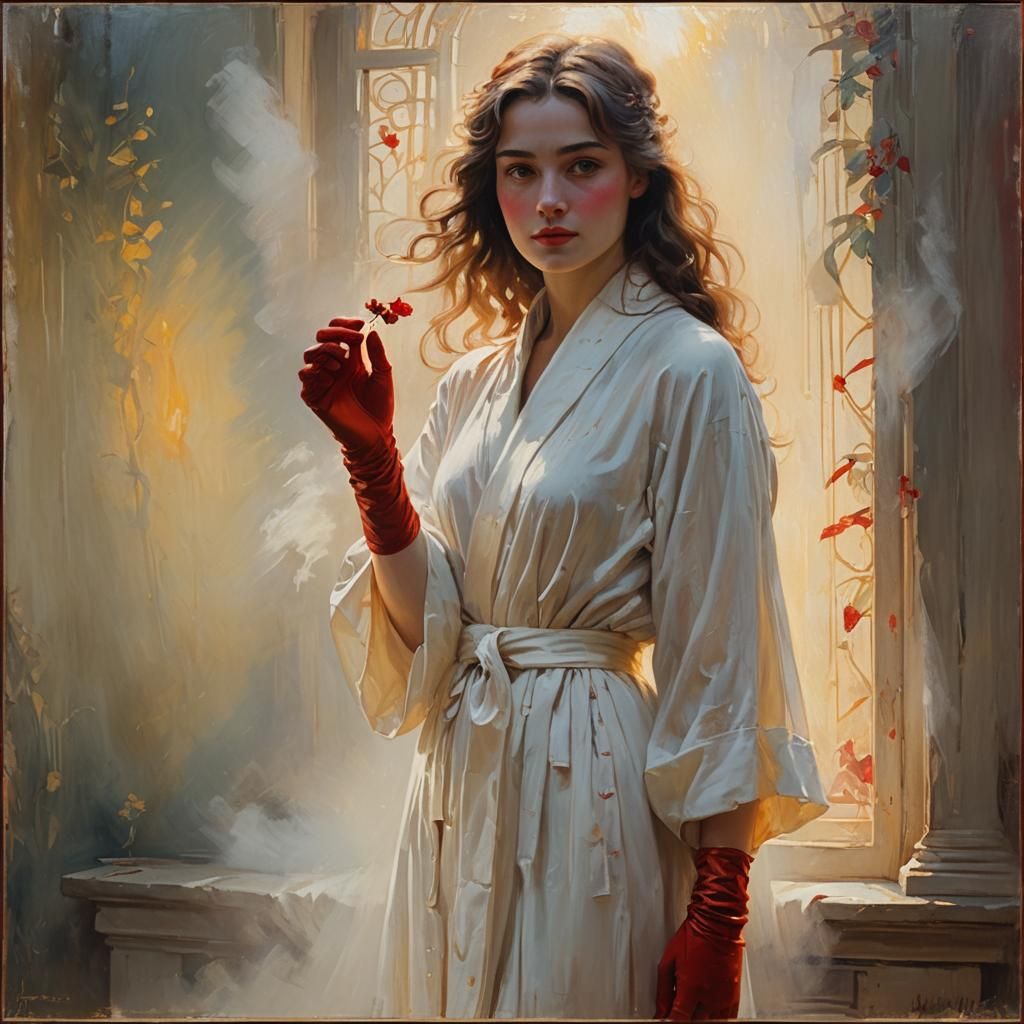 Woman in Red Gloves: Impressionist Oil Painting