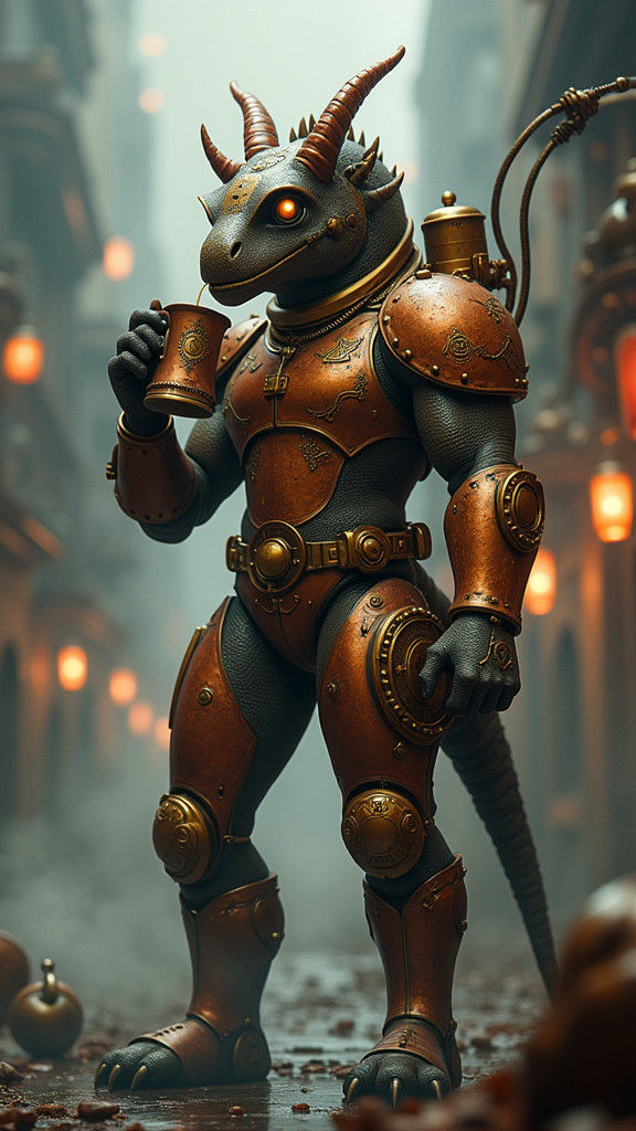 Steampunk Paleotragus Sipping Coffee in Metropolis