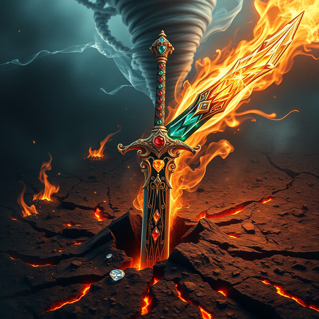Elemental Sword of Fantasy with Gems and Swirling Winds