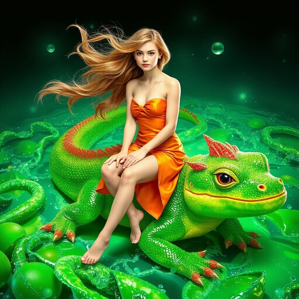 Woman on Gummy Salamander in Soda Ocean