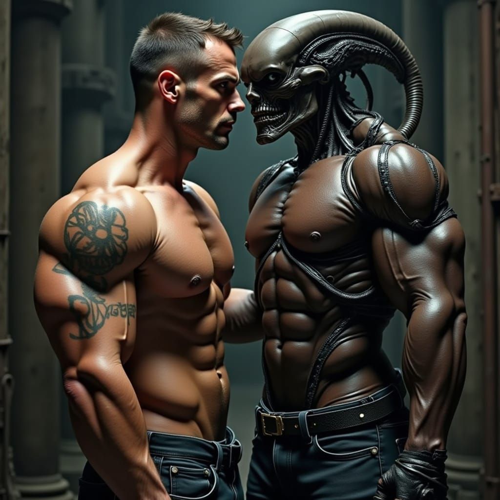 Muscular Man Embracing Alien Queen in Industrial Cathedral