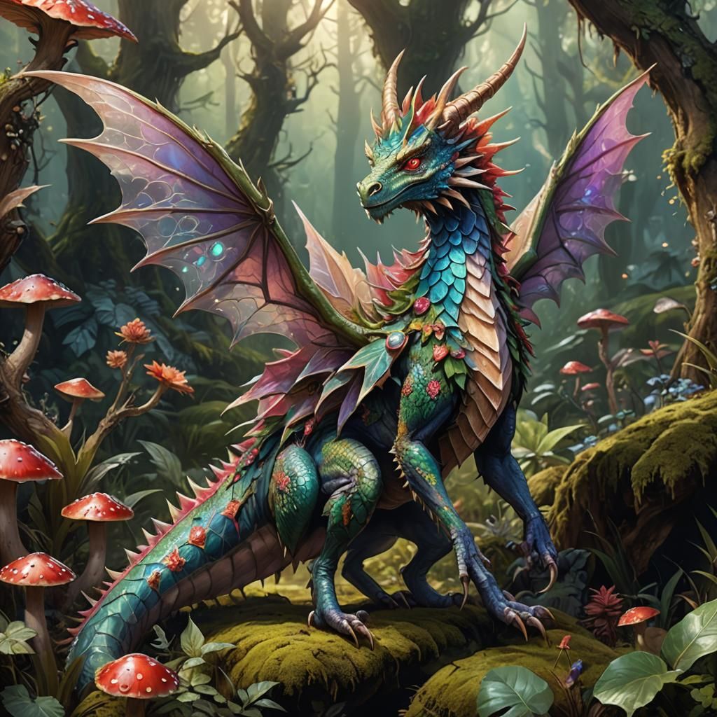 Jeweled Fairy Dragon in Mushroom Forest: Fantasy Art