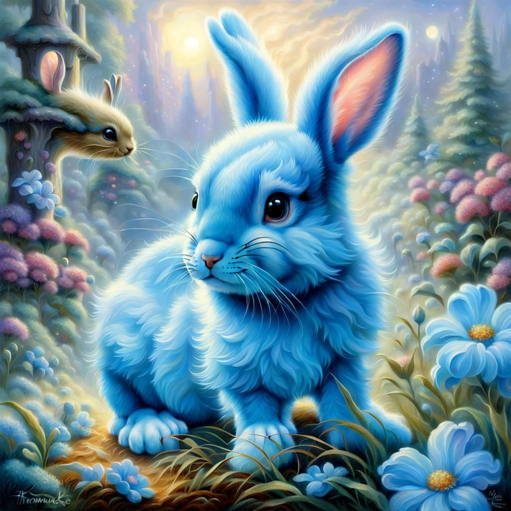 Ethereal Blue Rabbit in Misty Fantasy Landscape