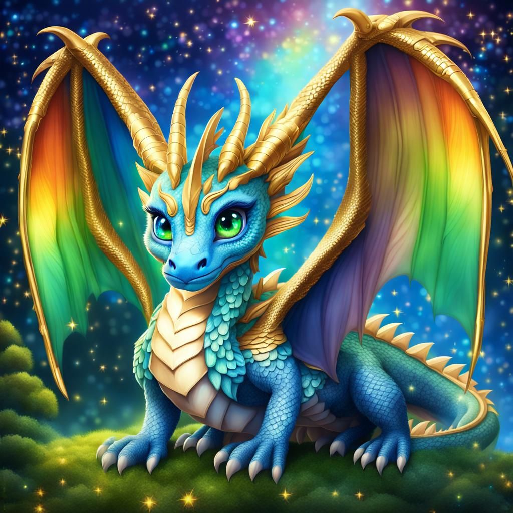 Rainbow Dragon with Golden Wings in Sparkling Sky